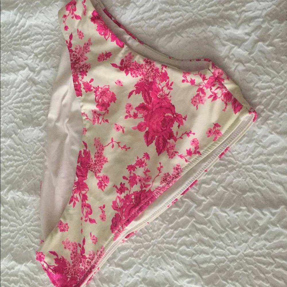 Frankie's Bikinis White and Pink One-Shoulder Cutout Bikini Top